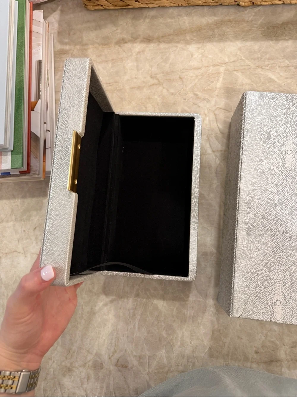 Gray Faux Shagreen Storage Box Set with Gold Accent